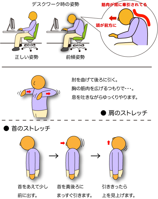 パソコン操作が長くなると姿勢が崩れる。解消するためのストレッチのしかたの画像